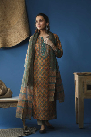 Image for Kusvaa Wsr147 Olive Green Mustard Kurta And Kota Dupatta Set Featured