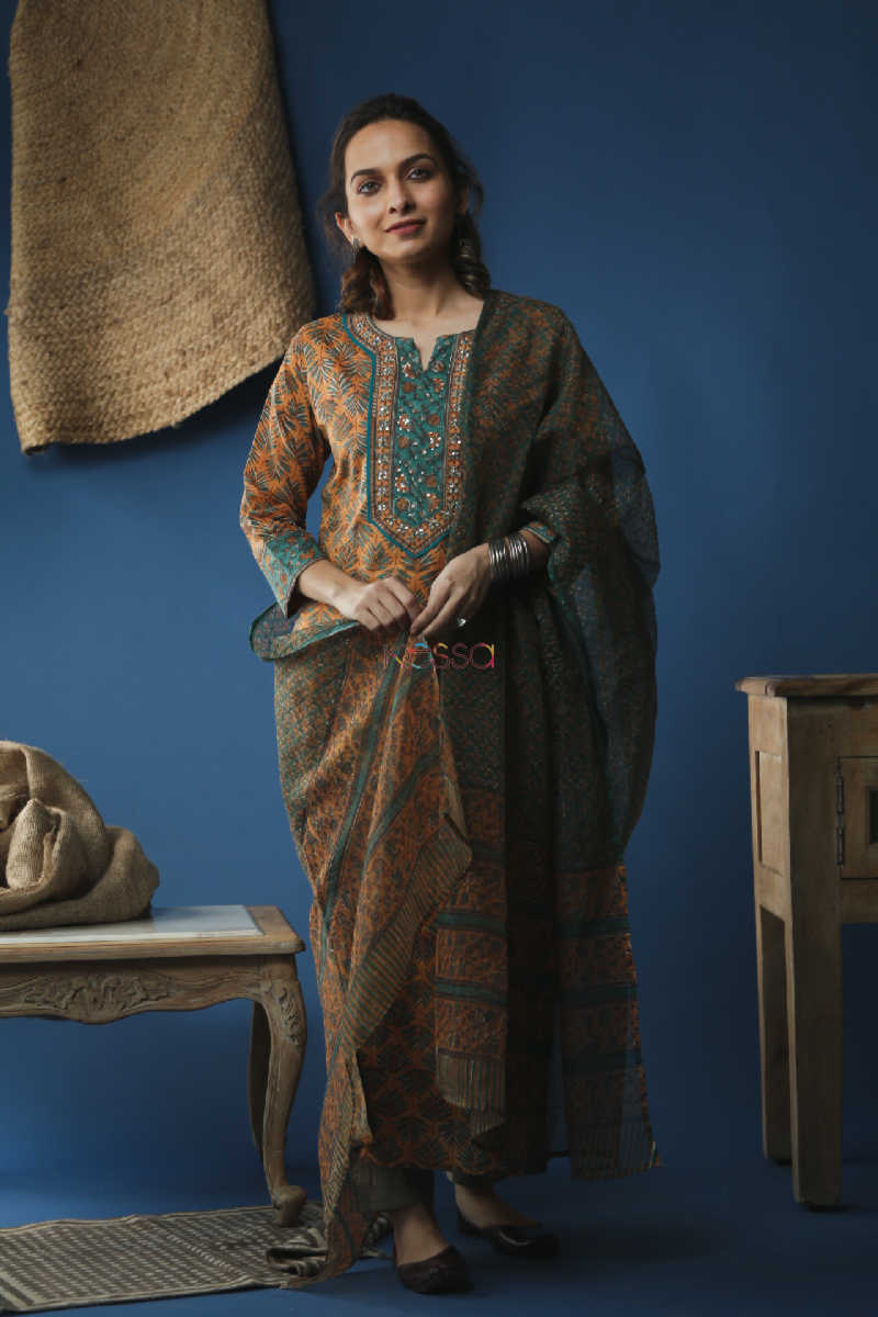 Image for Kusvaa Wsr147 Olive Green Mustard Kurta And Kota Dupatta Set Front 1