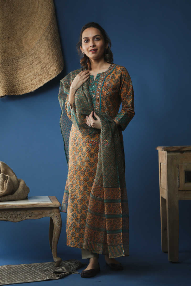 Image for Kusvaa Wsr147 Olive Green Mustard Kurta And Kota Dupatta Set Look
