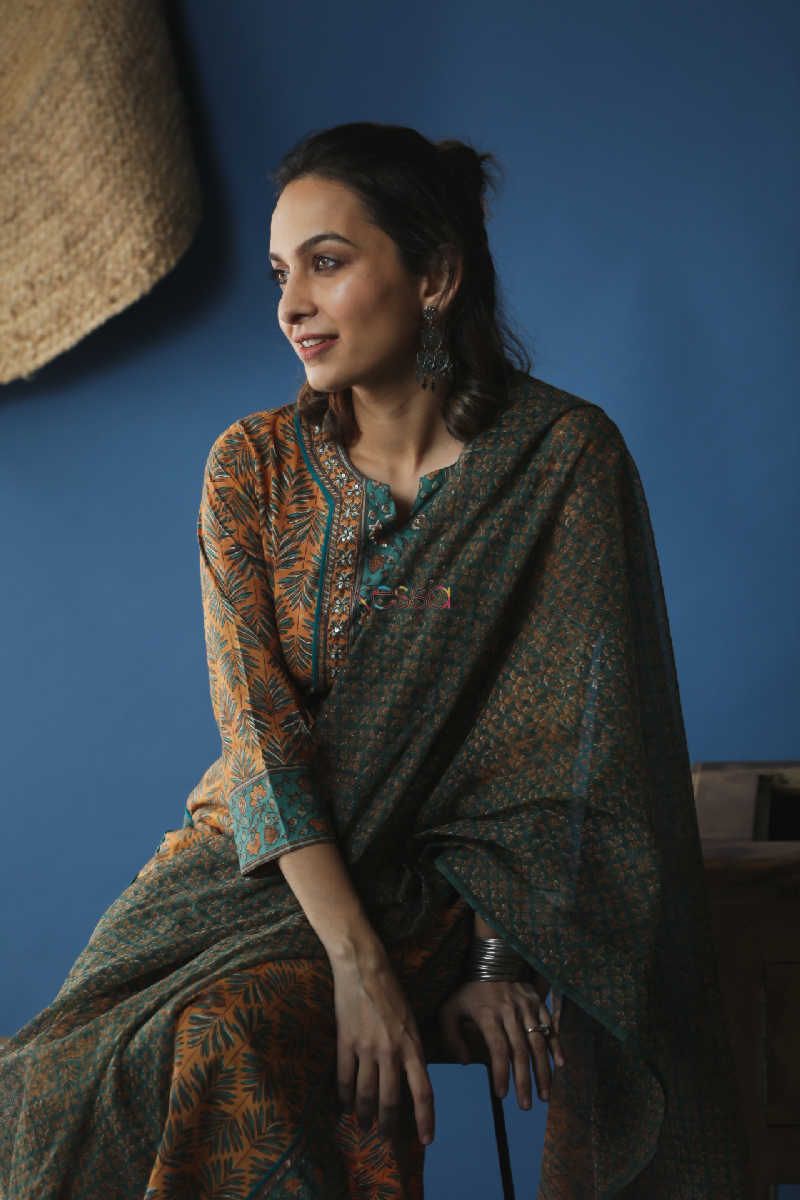 Image for Kusvaa Wsr147 Olive Green Mustard Kurta And Kota Dupatta Set Sitting 1