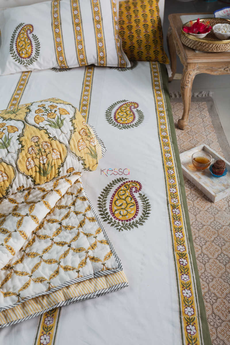 Image for Kusvaa Kpb29 Saffron Yellow Block Print Double Bedsheet 1 Featured