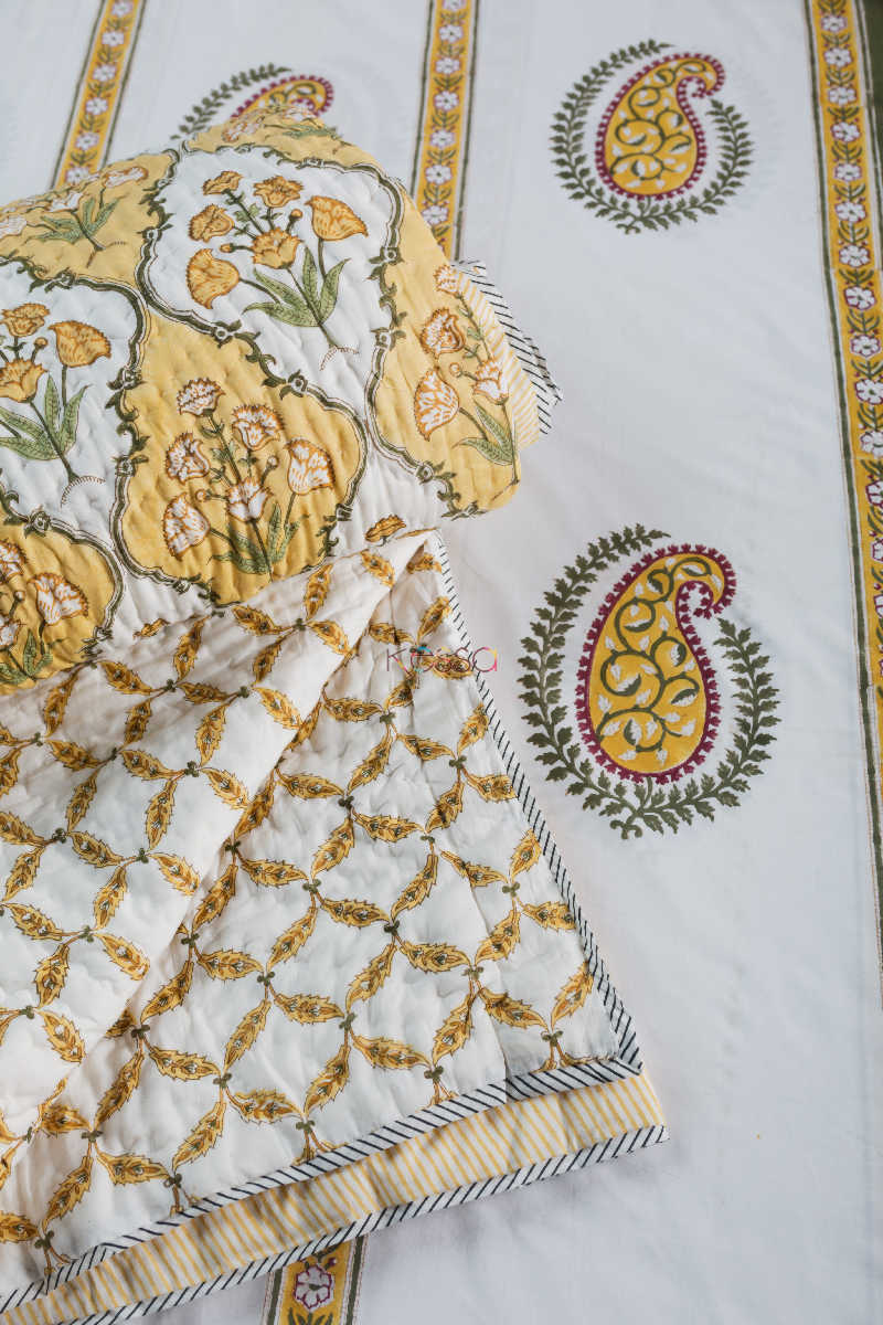 Image for Kusvaa Kpb29 Saffron Yellow Block Print Double Bedsheet 1 Front