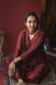 Image for Kusvaa Kuoj137 Maroon Hand Block Mashru Silk Kurta Sitting 1