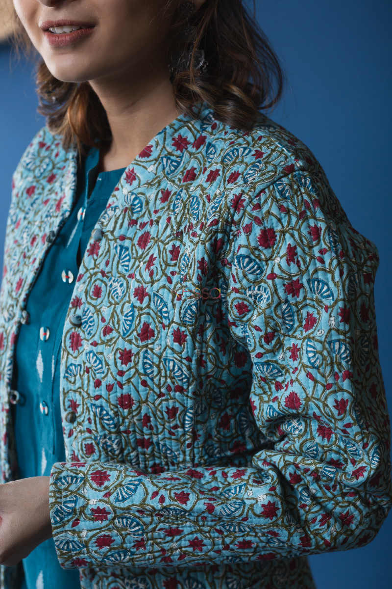 Image for Kusvaa Vjf03 Eastern Blue And Geyser Double Side Full Quilted Jacket Closeup 1