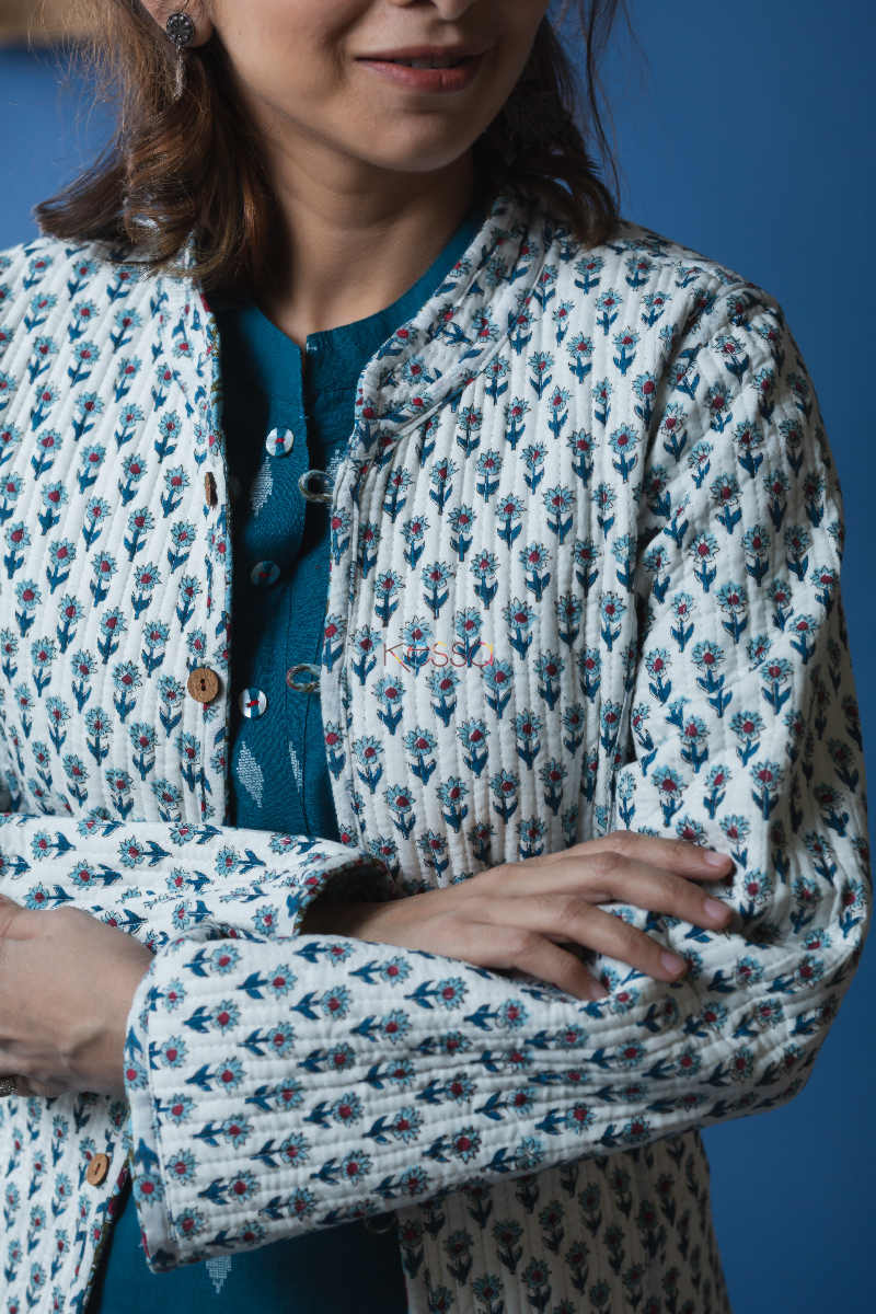 Image for Kusvaa Vjf03 Eastern Blue And Geyser Double Side Full Quilted Jacket Closeup