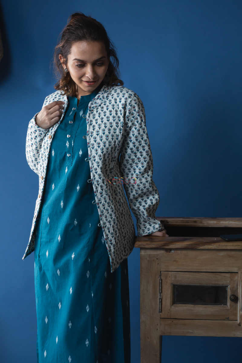 Image for Kusvaa Vjf03 Eastern Blue And Geyser Double Side Full Quilted Jacket Front