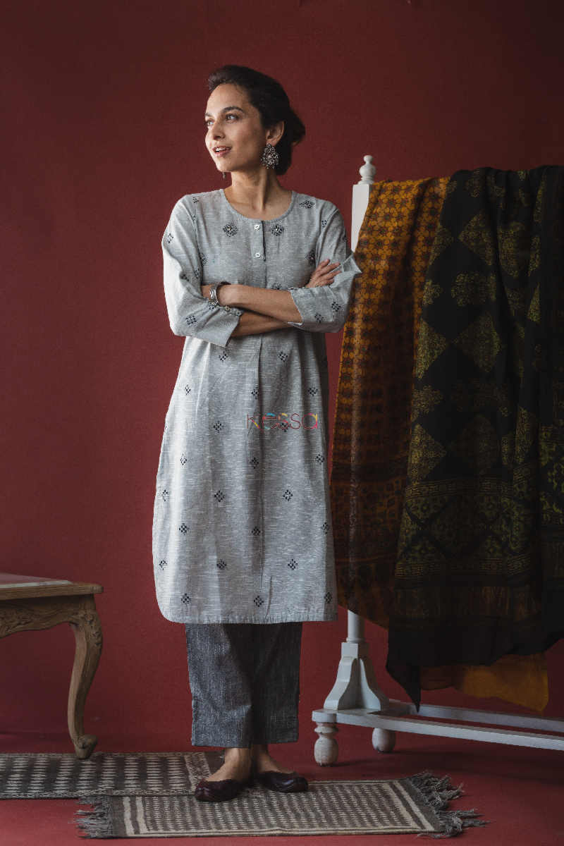 Image for Kusvaa Ws608 Black And Grey South Cotton Kurta Pant Set Featured