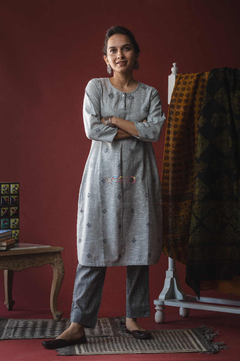 Image for Kusvaa Ws608 Black And Grey South Cotton Kurta Pant Set Front