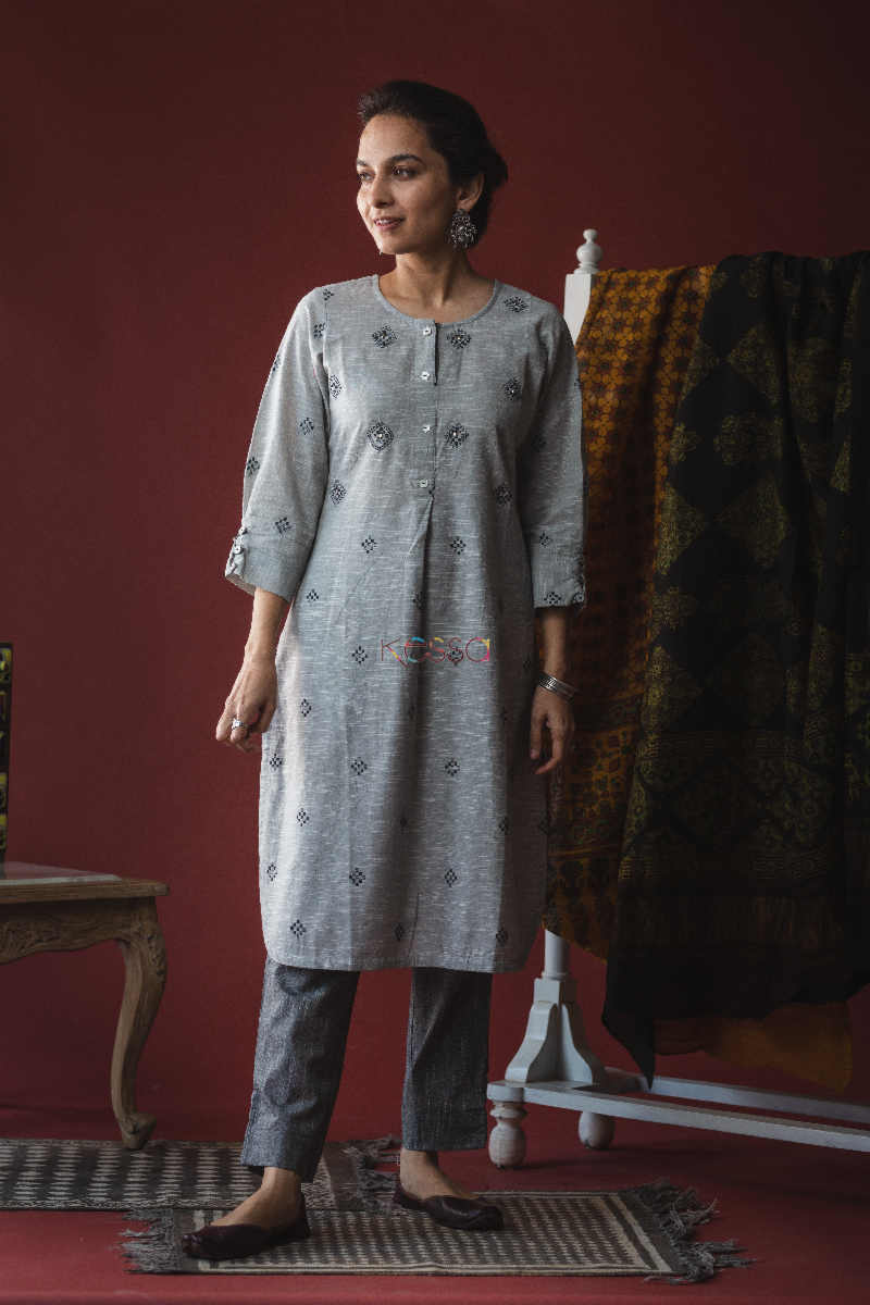 Image for Kusvaa Ws608 Black And Grey South Cotton Kurta Pant Set Look 1