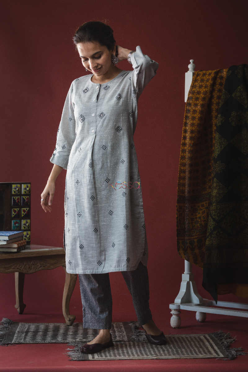 Image for Kusvaa Ws608 Black And Grey South Cotton Kurta Pant Set Look