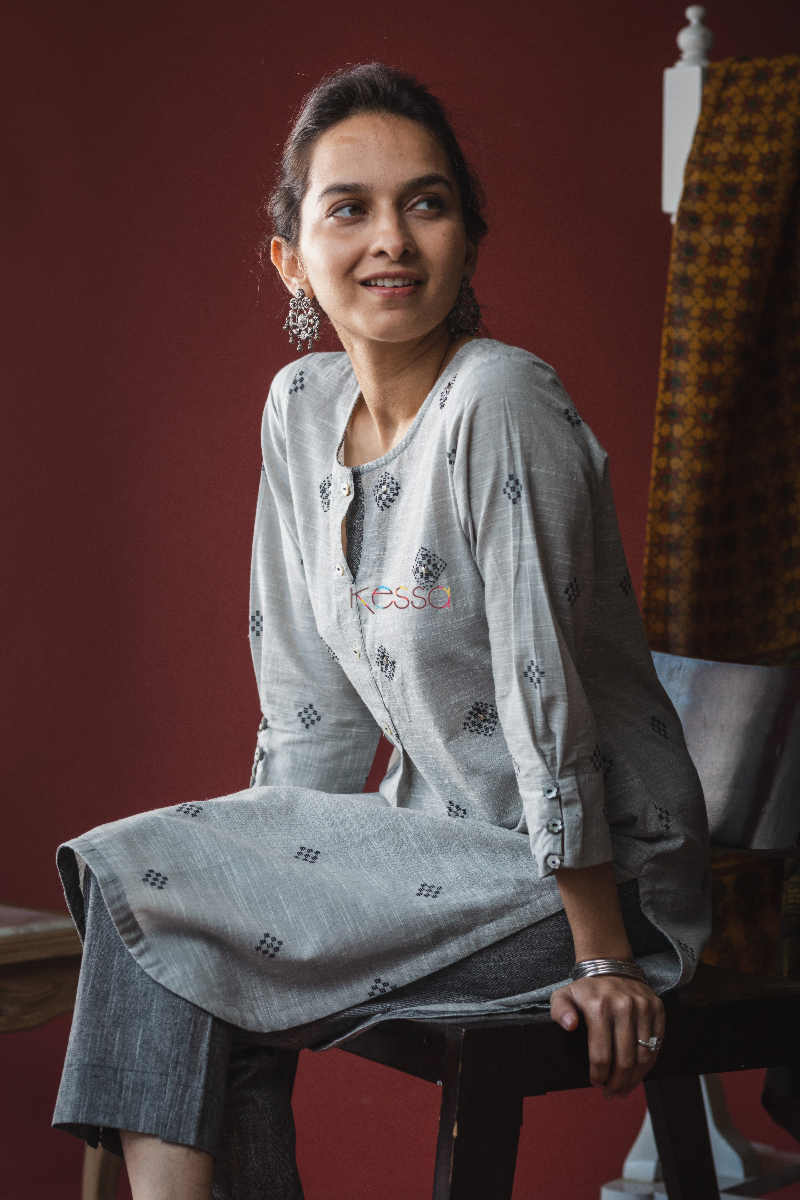 Image for Kusvaa Ws608 Black And Grey South Cotton Kurta Pant Set Sitting 1