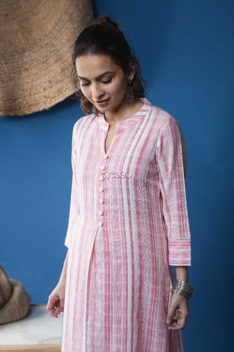 Image for Kusvaa Ws611 Old Rose South Cotton Kurta Pant Set Closeup 1