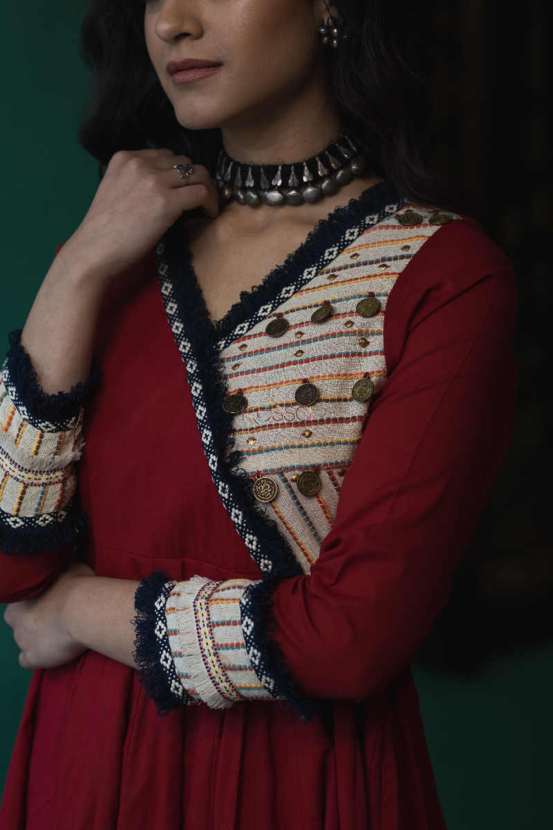 Image for Kusvaa Ws612 Maroon Voil Kalidaar Dress Closeup