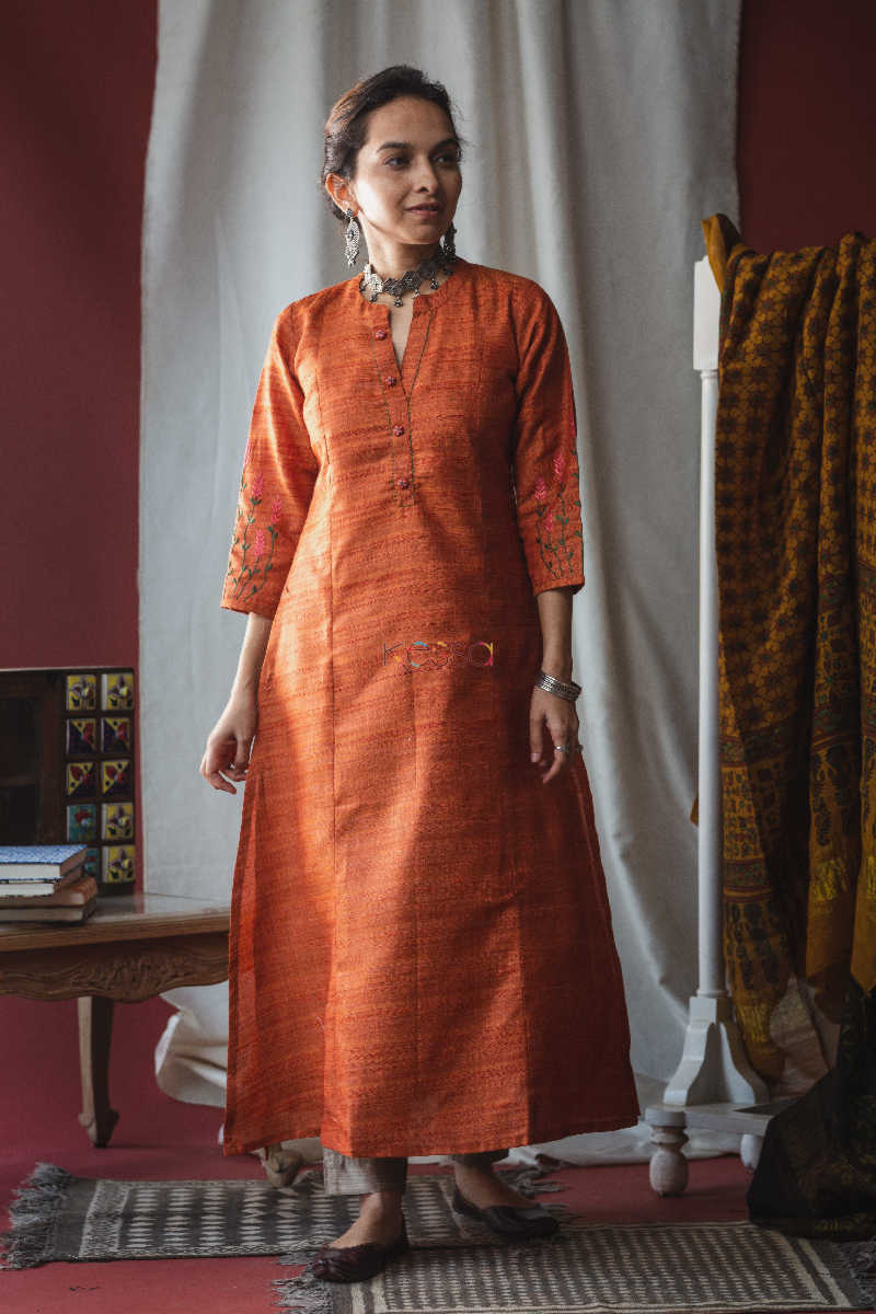 Image for Kusvaa Ws614 Tuscany Orange A Line Kochi Silk Kurta Featured