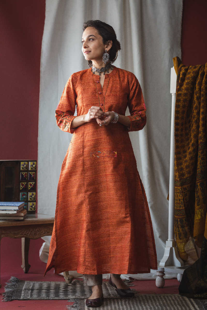 Image for Kusvaa Ws614 Tuscany Orange A Line Kochi Silk Kurta Front