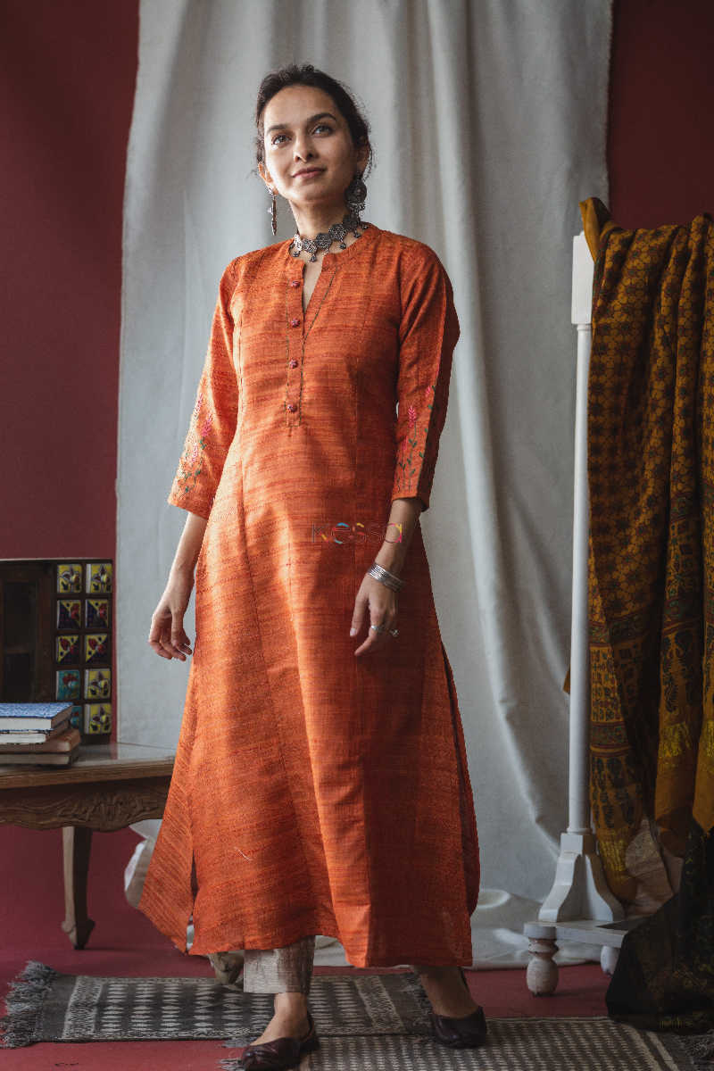 Image for Kusvaa Ws614 Tuscany Orange A Line Kochi Silk Kurta Look 1