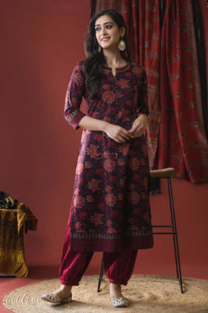 Image for Kusvaa Avdaf15 Merlot Red Cotton Straight Kurta Featured