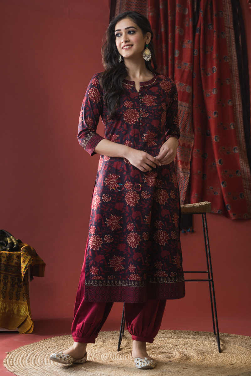 Image for Kusvaa Avdaf15 Merlot Red Cotton Straight Kurta Featured