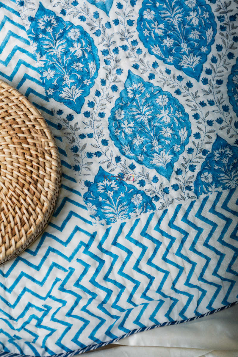 Image for Kusvaa Kaq91 Regal Blue Block Print Double Bed Quilt Closeup 1