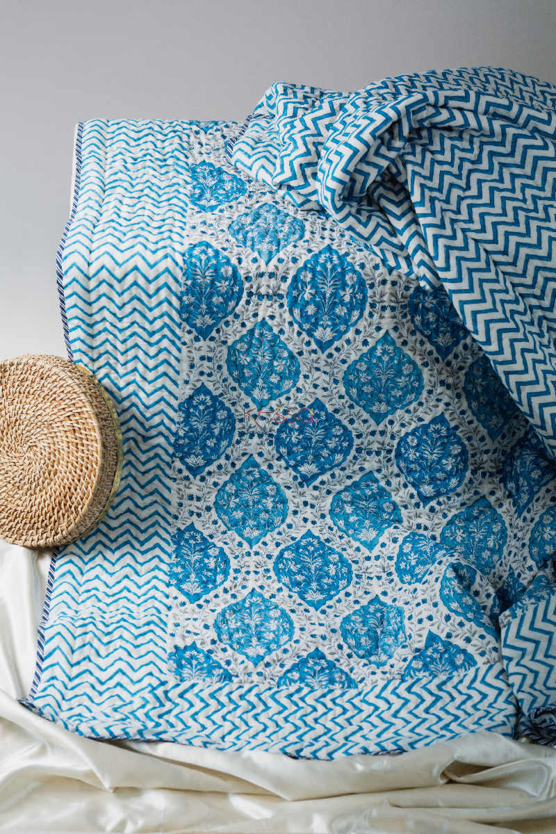 Image for Kusvaa Kaq91 Regal Blue Block Print Double Bed Quilt Featured