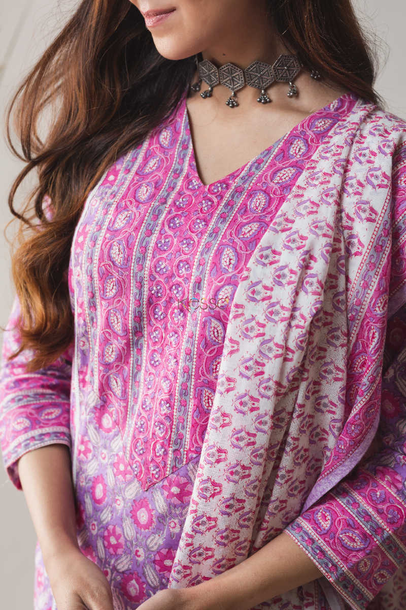Image for Kusvaa Kuoj140 Tapestery Purple Kurta Dupatta Set Closeup