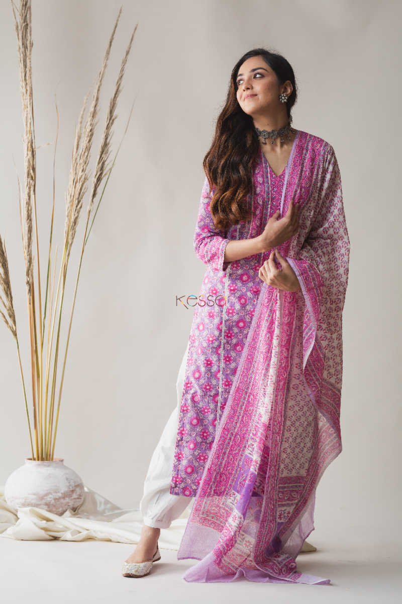 Image for Kusvaa Kuoj140 Tapestery Purple Kurta Dupatta Set Front