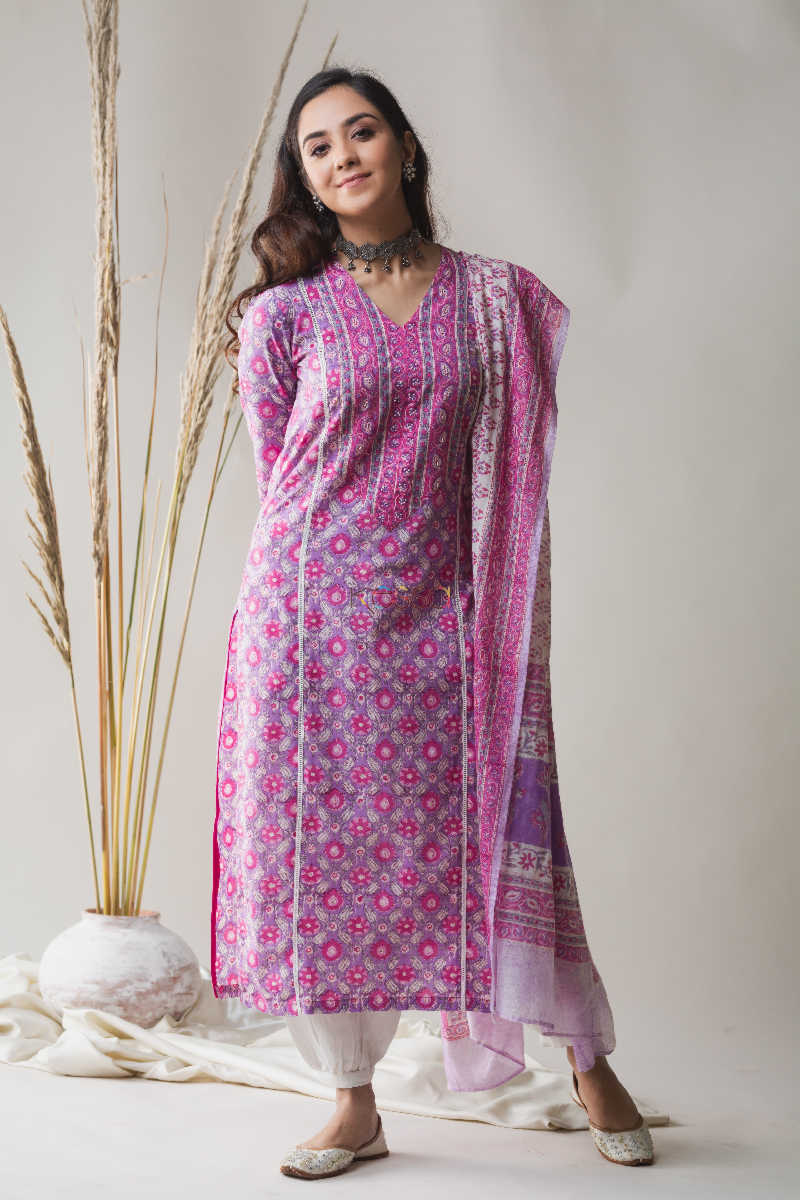 Image for Kusvaa Kuoj140 Tapestery Purple Kurta Dupatta Set Side
