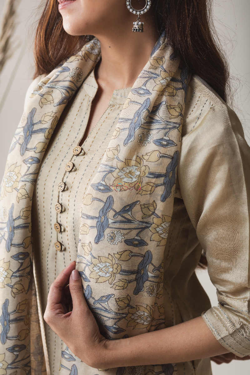 Image for Kusvaa Nekurta06 Heathered Grey Chanderi Kurta Dupatta Set Closeup