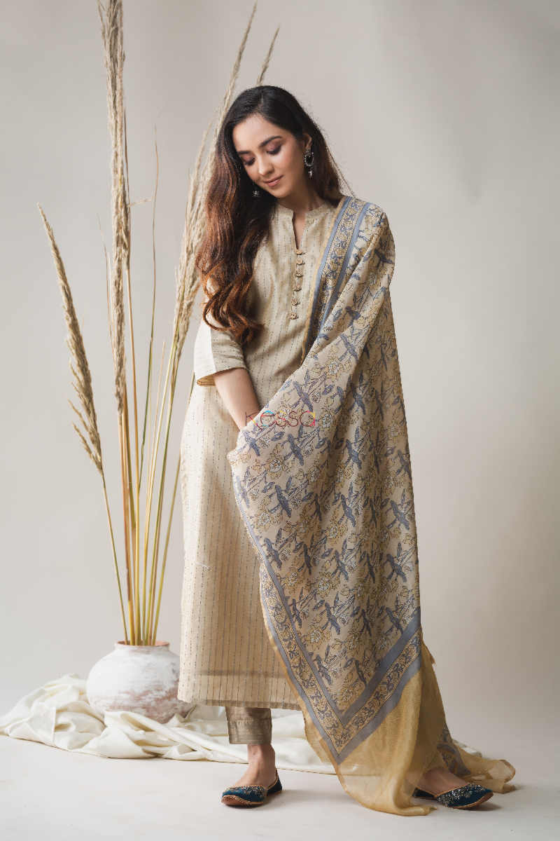 Image for Kusvaa Nekurta06 Heathered Grey Chanderi Kurta Dupatta Set Featured