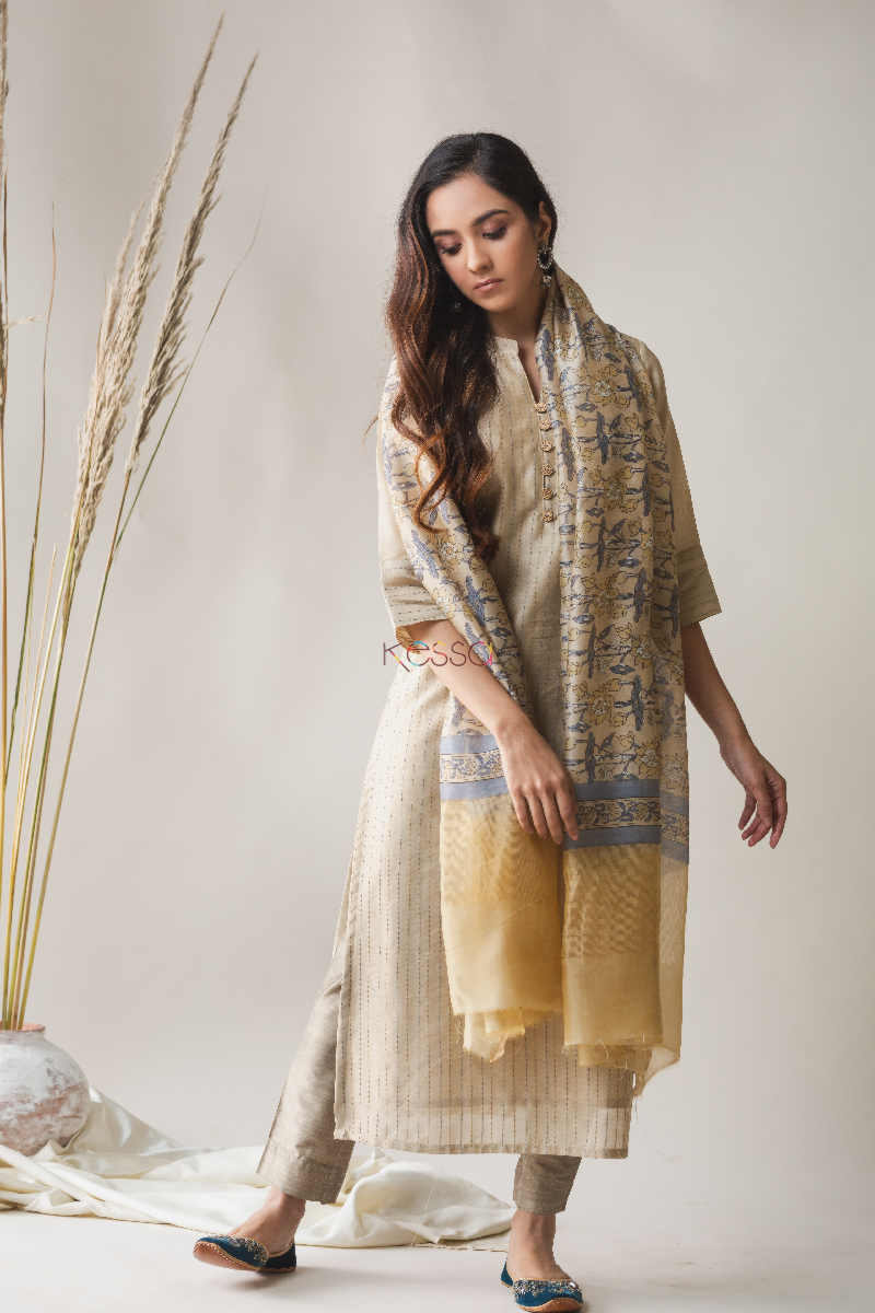 Image for Kusvaa Nekurta06 Heathered Grey Chanderi Kurta Dupatta Set Front