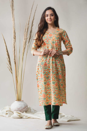 Image for Kusvaa Taf41 Porsche Yellow And Hippie Green Regular Kurta Front