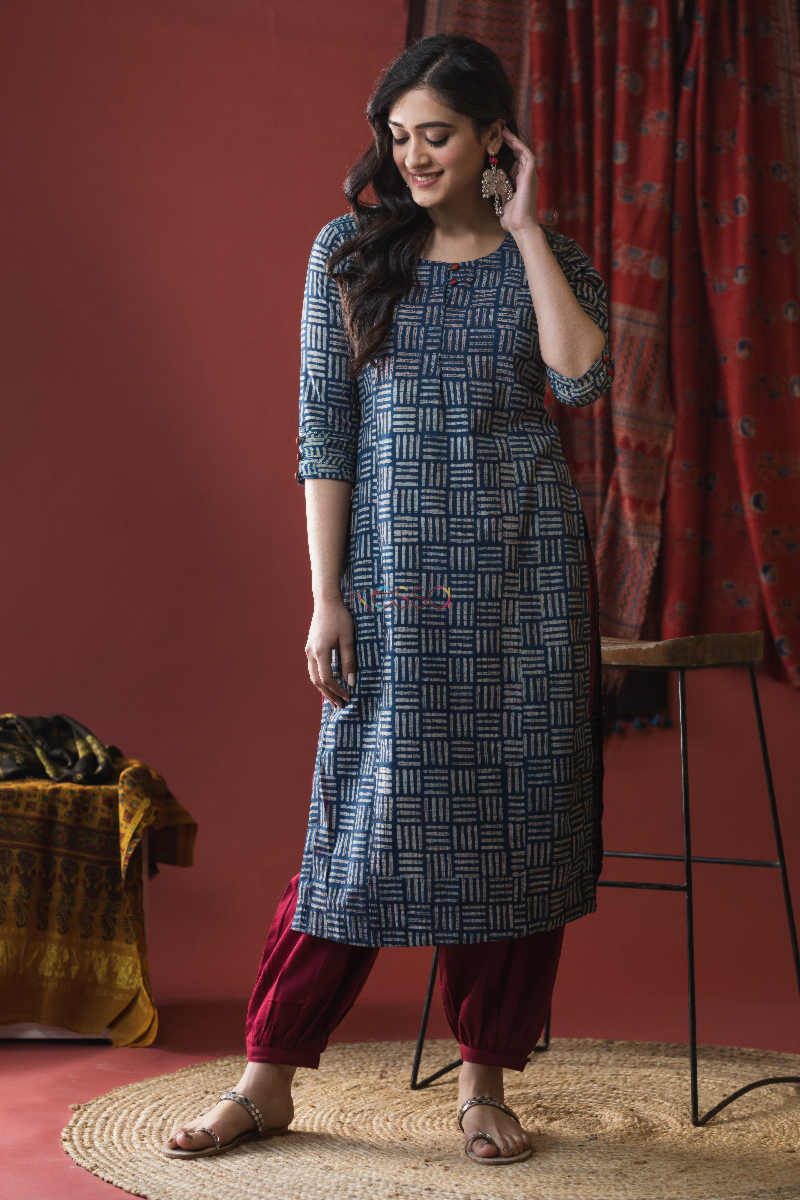 Image for Kusvaa Vcr02 Mirage Blue Bagru Regular Wear Kurta Look