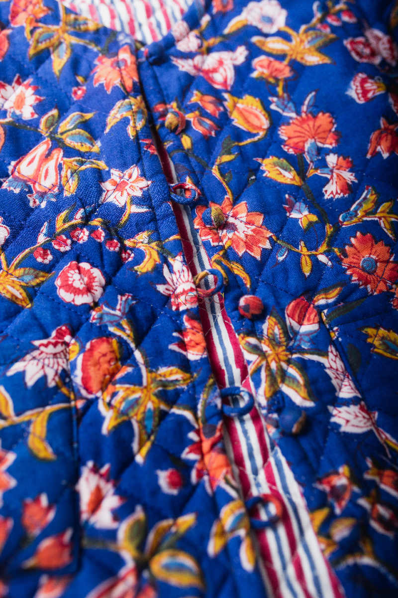 Image for Kusvaa Vjf08 Smalt Blue And Carnation Red Leaf Print Kids Jacket Closeup