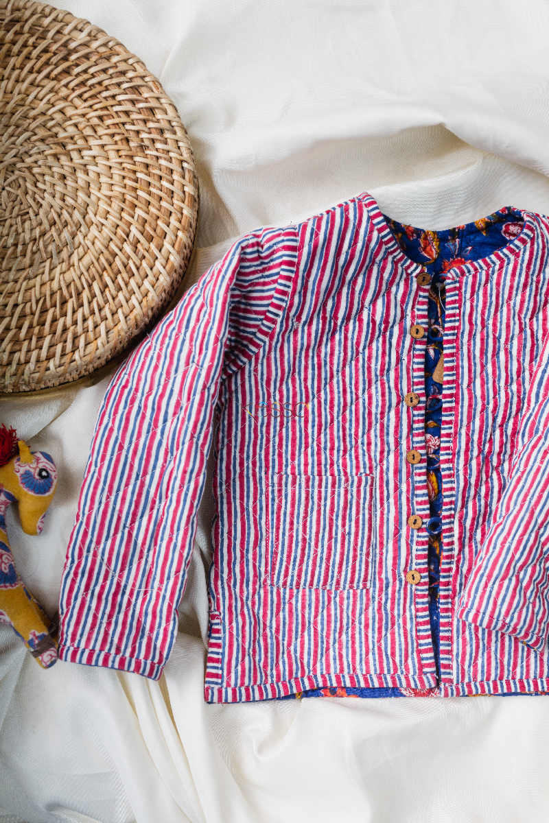 Image for Kusvaa Vjf08 Smalt Blue And Carnation Red Leaf Print Kids Jacket Front