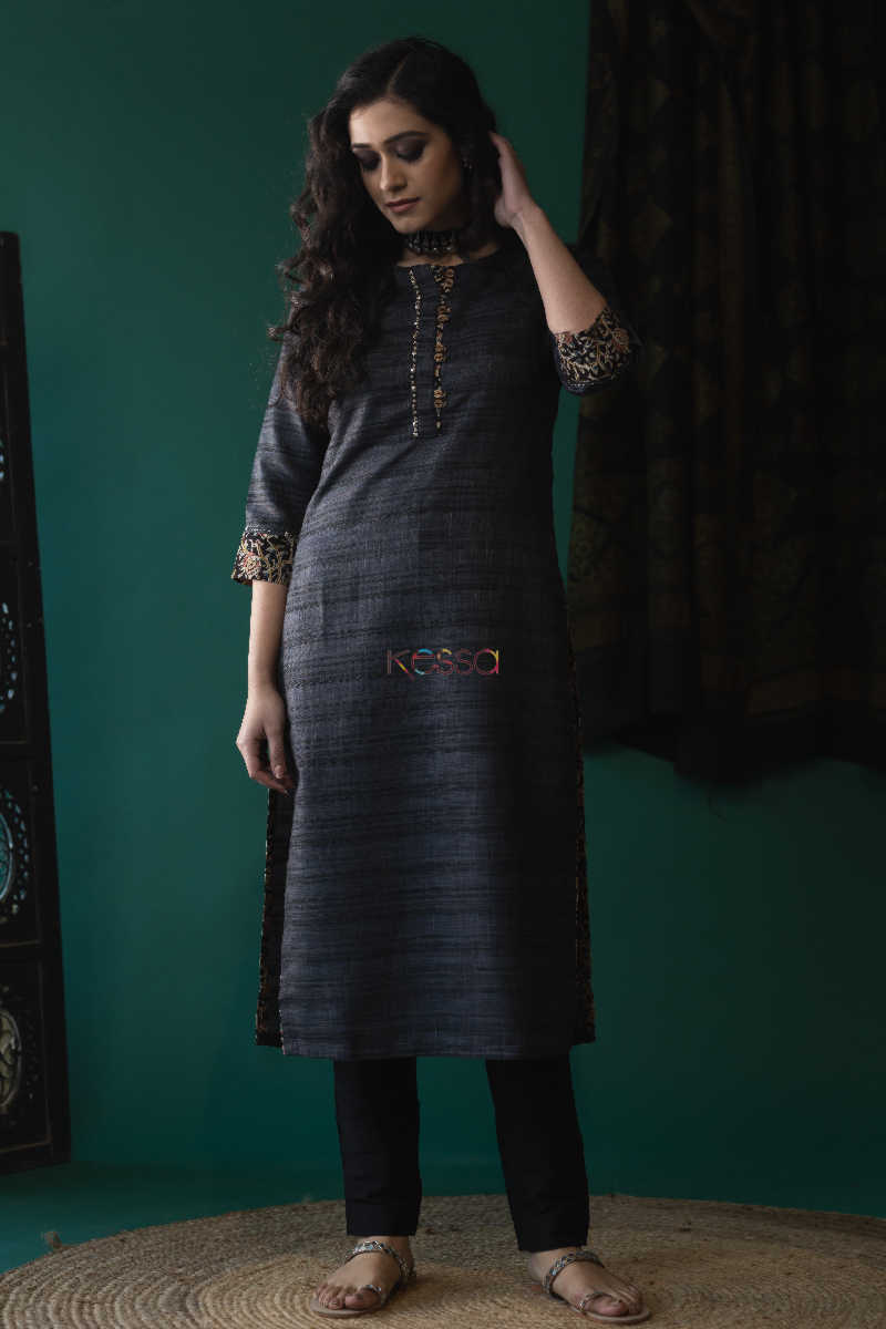 Image for Kusvaa Ws623 Black Bean Kochi Silk Kurta Front