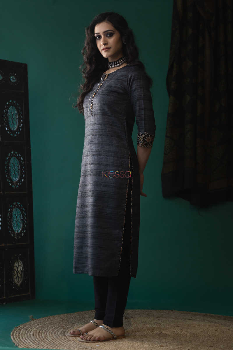 Image for Kusvaa Ws623 Black Bean Kochi Silk Kurta Side