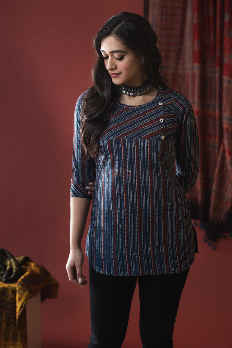 Image for Kusvaa Ws626 Mirage Blue Ajrakh Short Kurti Featured