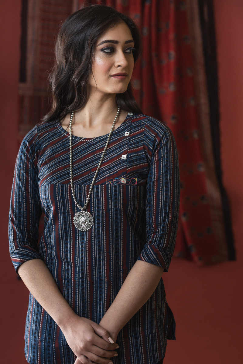 Image for Kusvaa Ws626 Mirage Blue Ajrakh Short Kurti Front