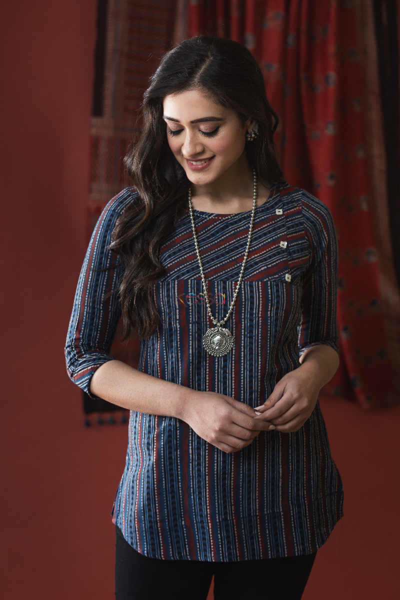 Image for Kusvaa Ws626 Mirage Blue Ajrakh Short Kurti Look