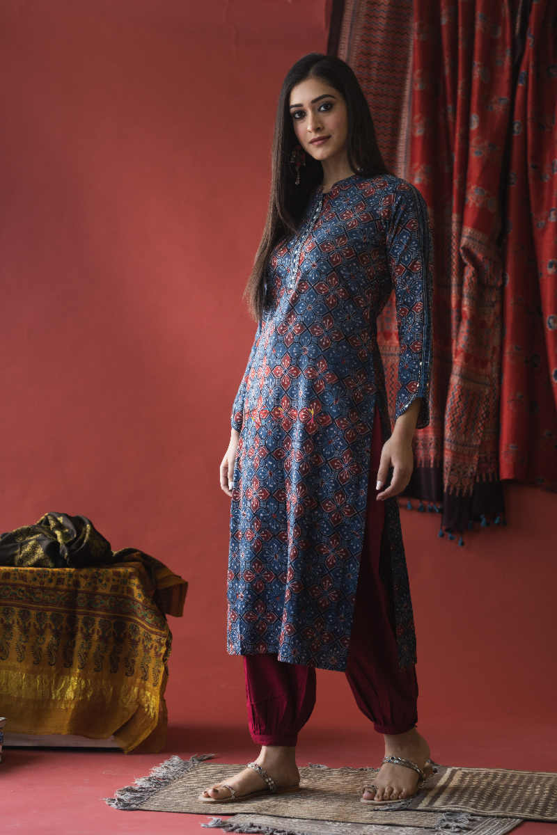 Image for Kusvaa Ws627 Fiord Ajrakh Print Straight Fit Kurta Look