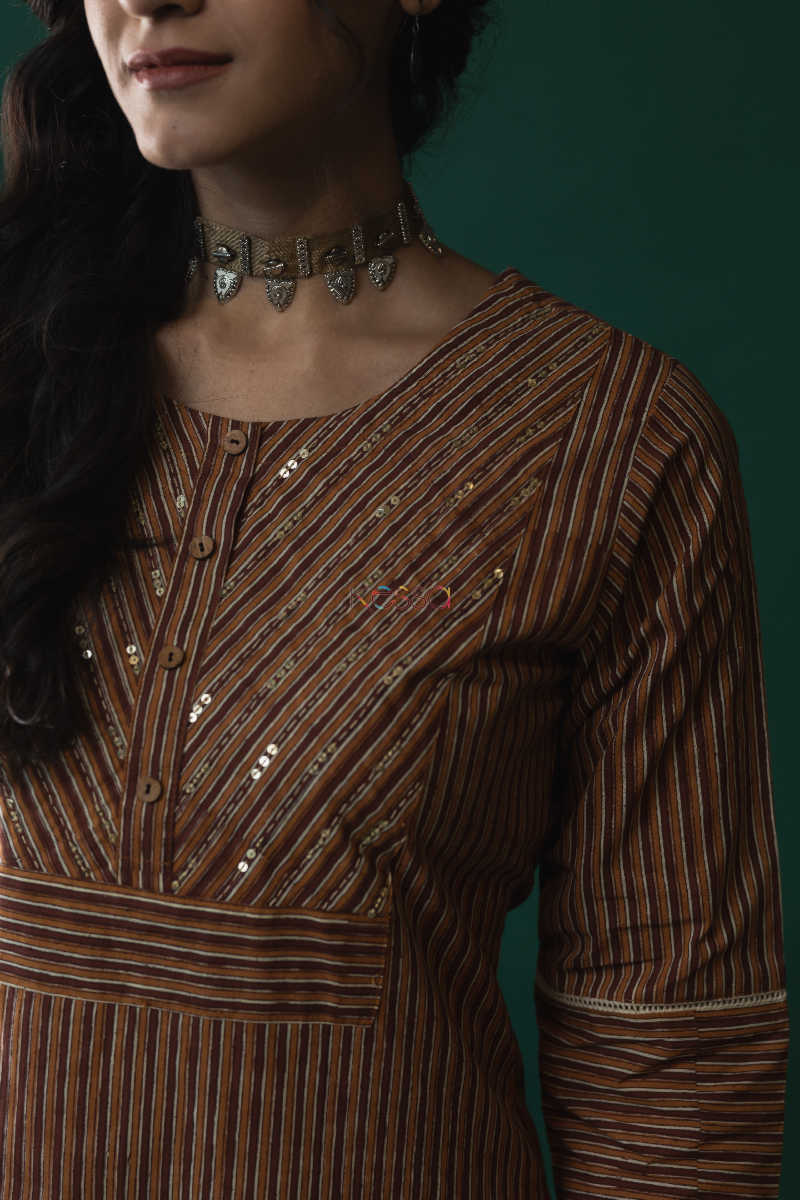 Image for Kusvaa Wsr153 Milbrook Brown Straight Fit Kurta Closeup