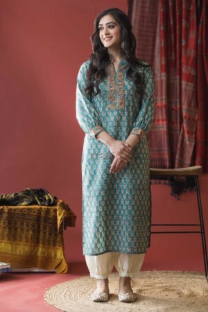 Image for Kusvaa Wsr155 Smalt Blue Handblock Print Kurta Featured