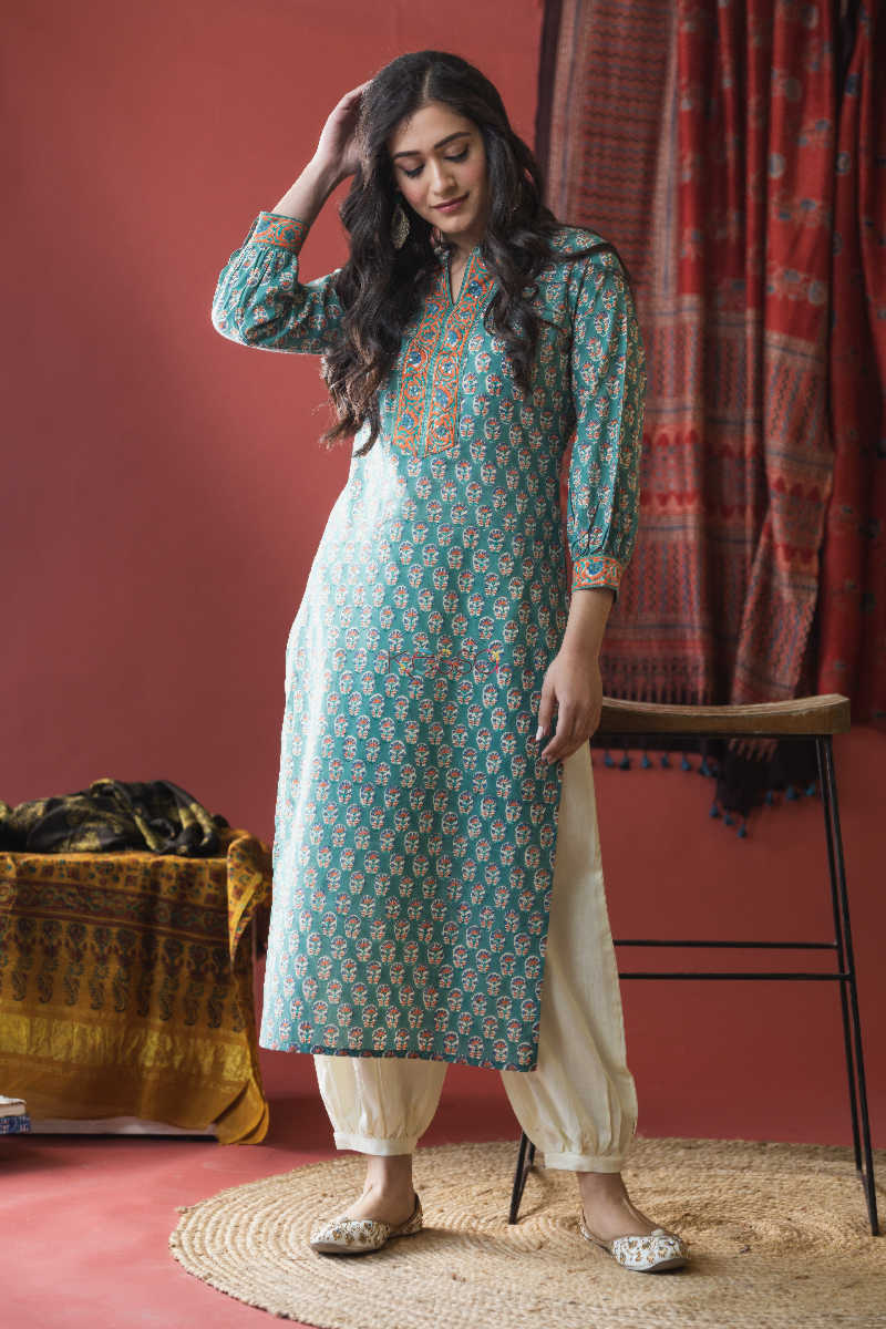 Image for Kusvaa Wsr155 Smalt Blue Handblock Print Kurta Look