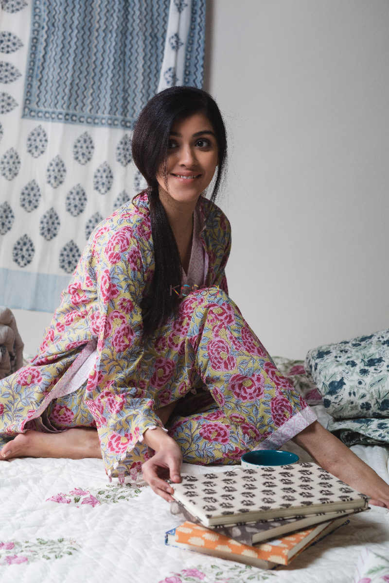 Image for Kusvaa De41 Mongoose Block Print Cape Jammies Set Sitting 1