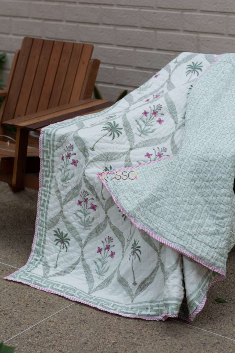 Image for Kusvaa Kaq100 Powder Ash Palm Tree Double Bed Quilt Side