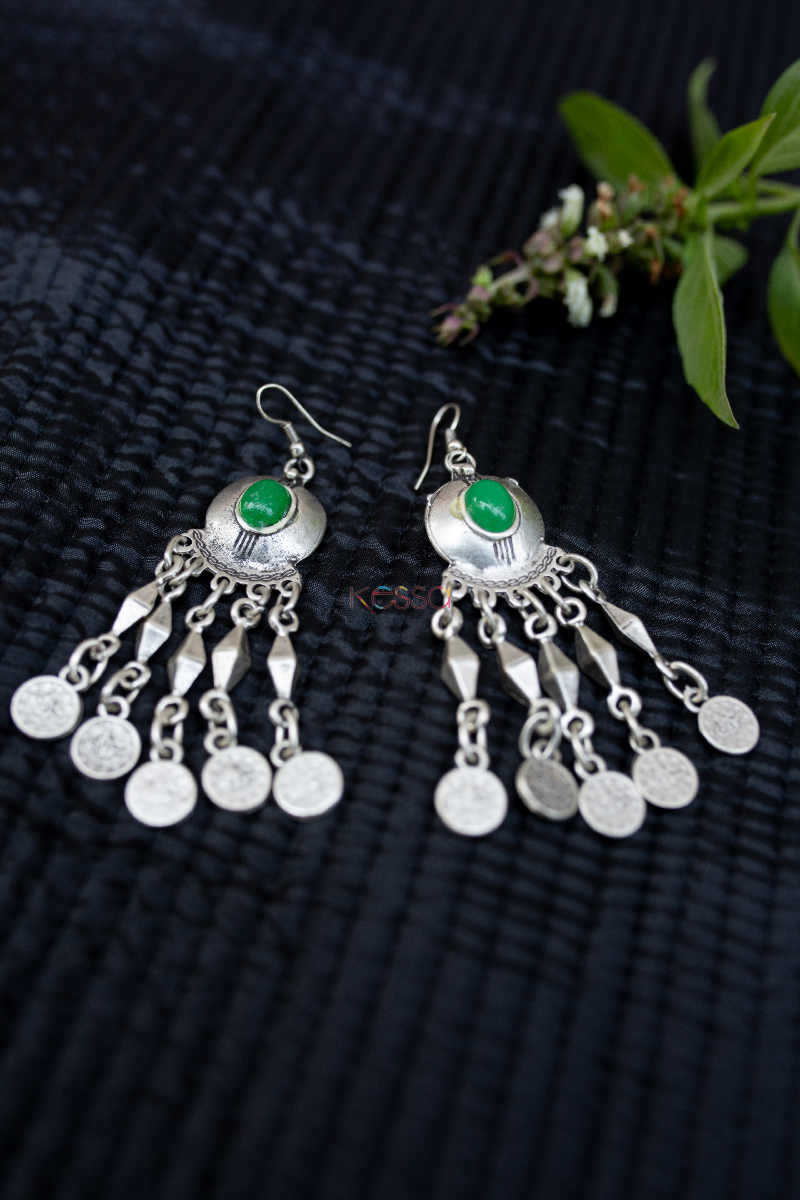 Image for Kusvaa Kpe143 Turkish Triangle Tribal Boho Coin Earrings Green