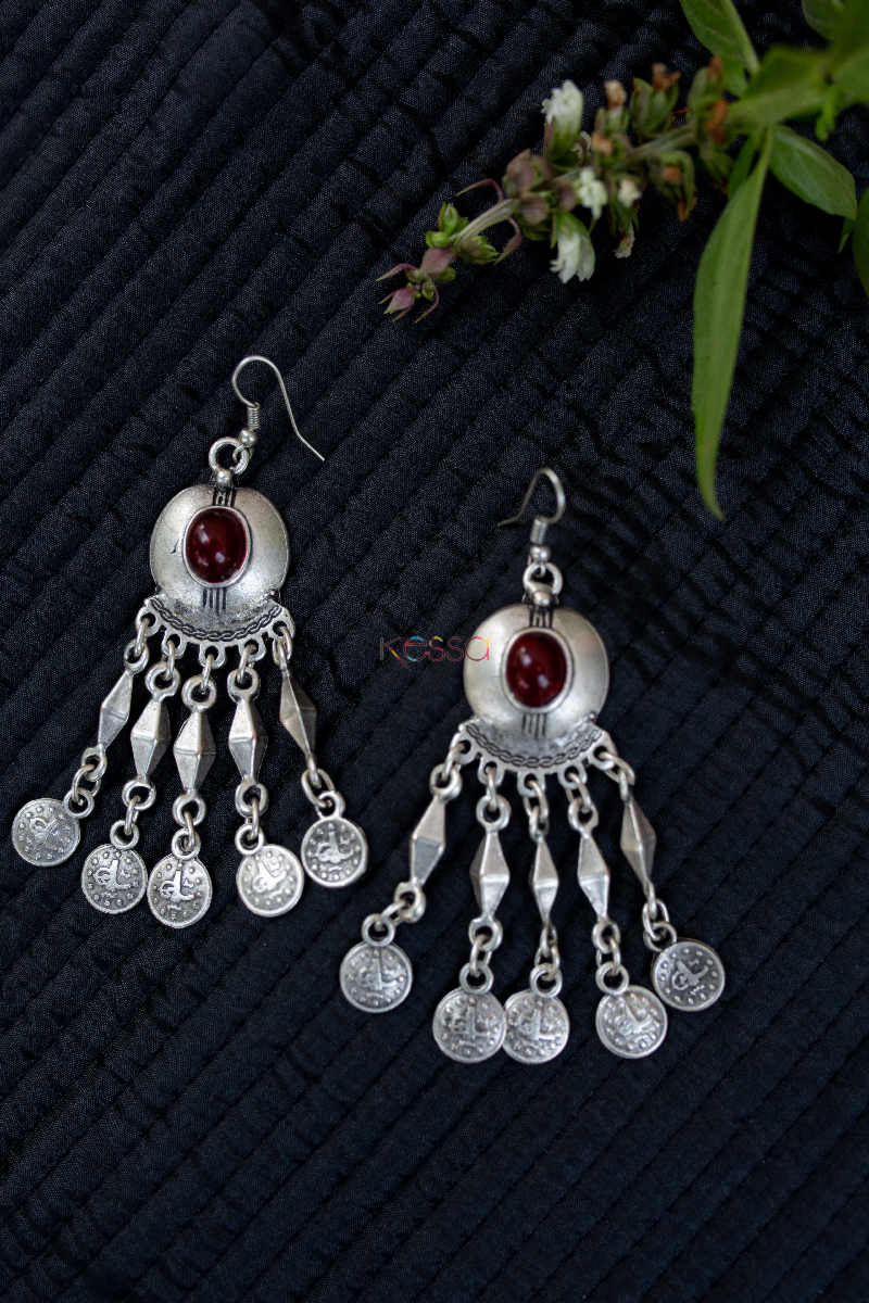 Image for Kusvaa Kpe143 Turkish Triangle Tribal Boho Coin Earrings Red