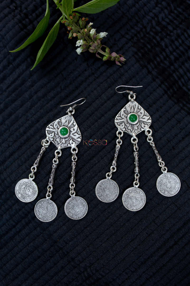 Image for Kusvaa Kpe150 Turkish Tribal Boho Chain Drop Earrings Green