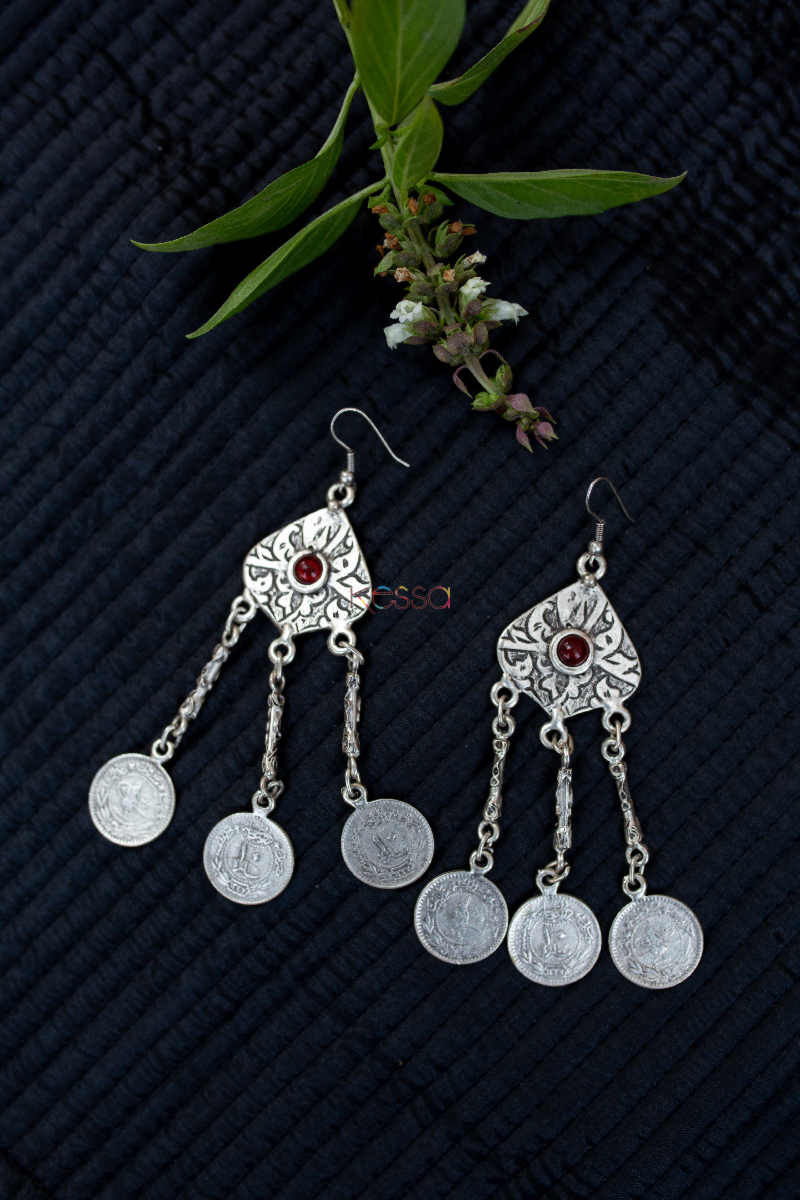 Image for Kusvaa Kpe150 Turkish Tribal Boho Chain Drop Earrings Red