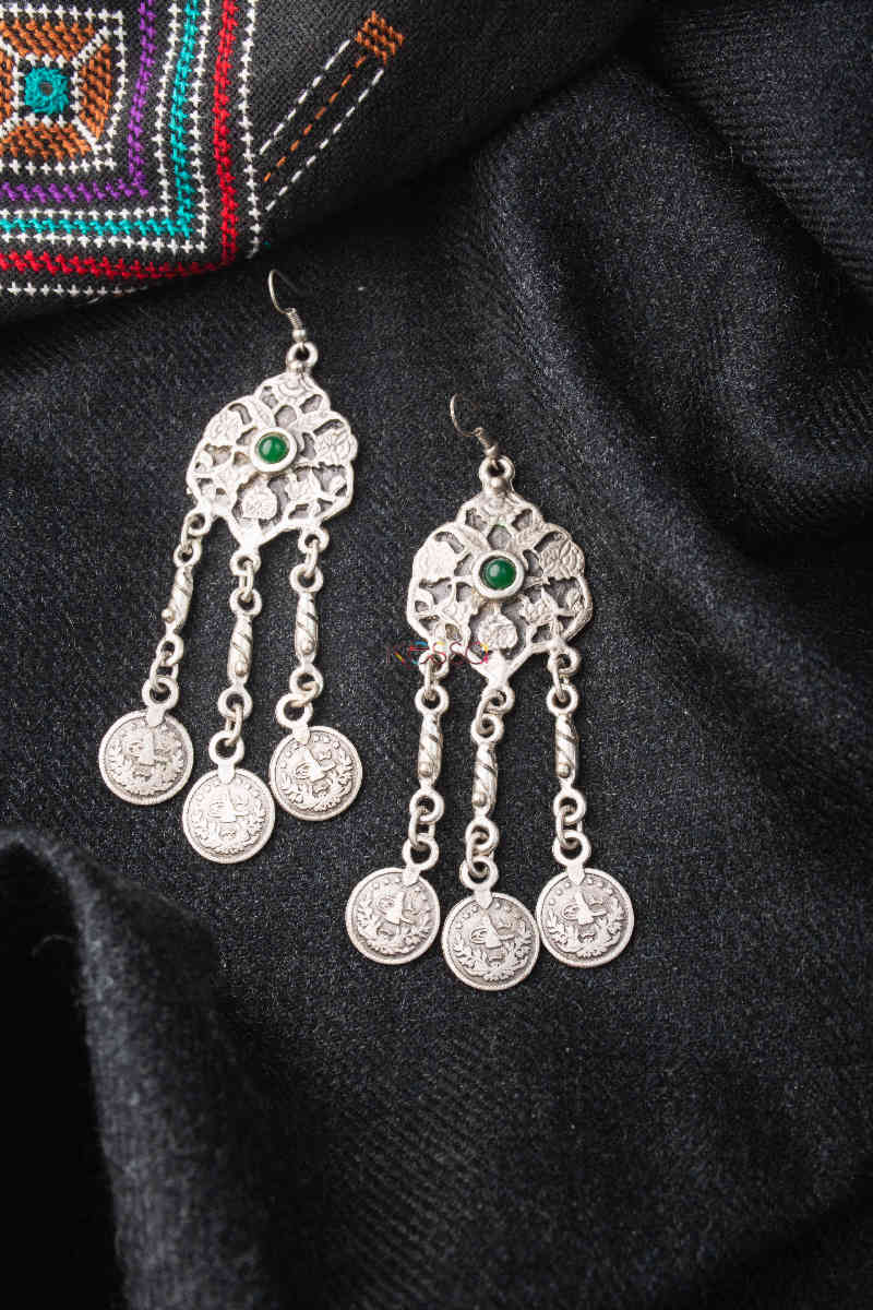 Image for Kusvaa Kpe26 Turkish Circular Tribal Boho Chain Earrings 1 Green